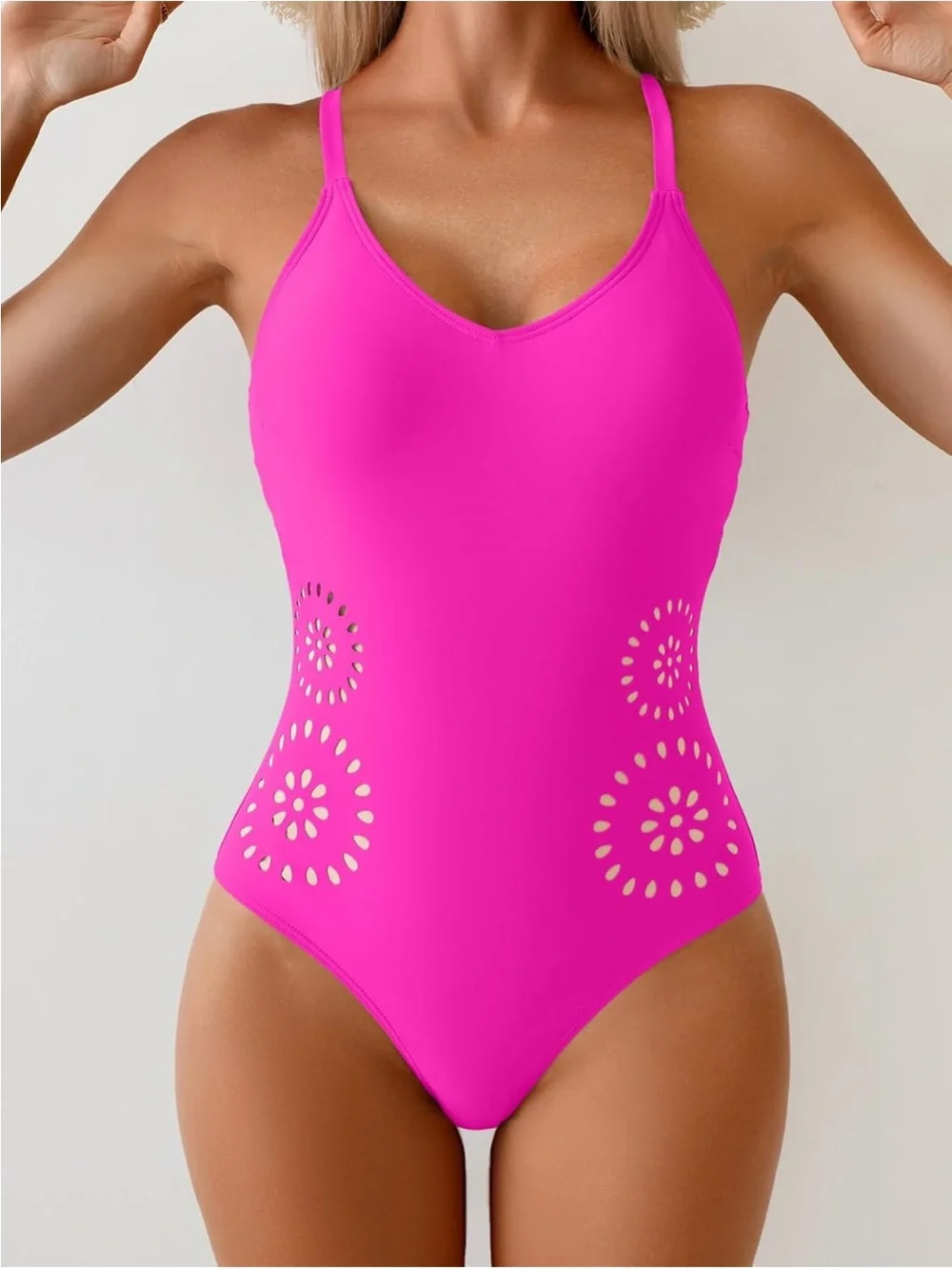 Vibrant Pink One-Piece Swim with Floral laser cutouts